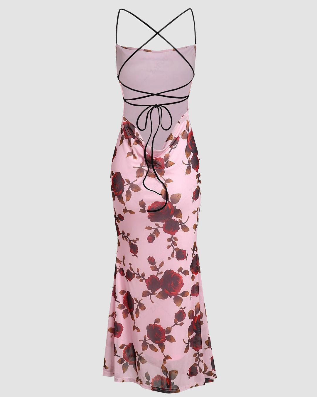 Rose Floral Cowl Neck Criss Cross Backless Sheath Party Dress