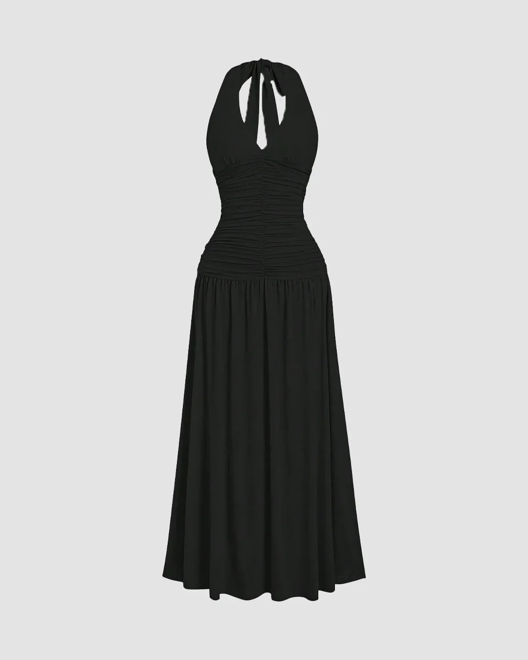 Ruched Halter Neck Backless Midi Dress in Black