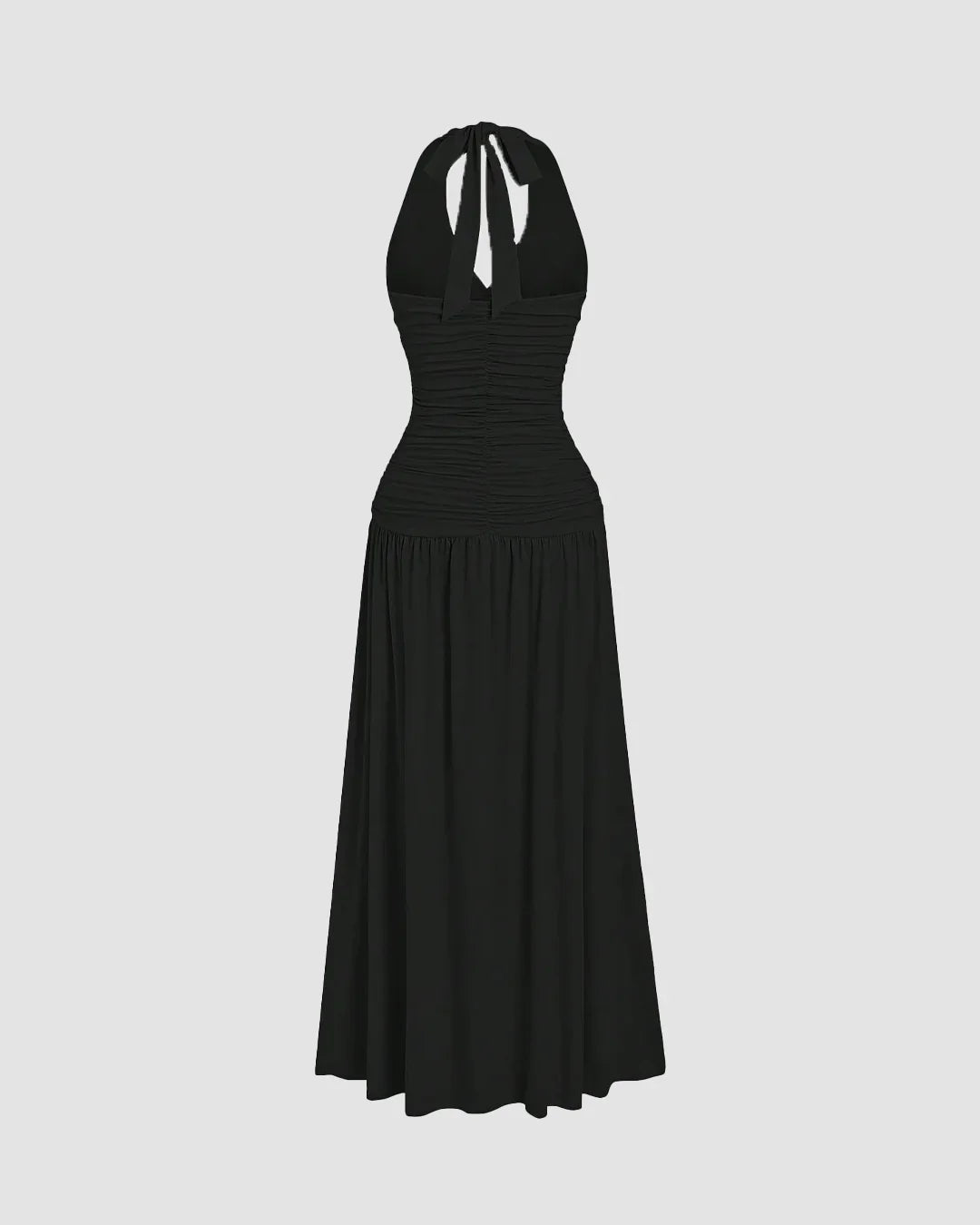 Ruched Halter Neck Backless Midi Dress in Black