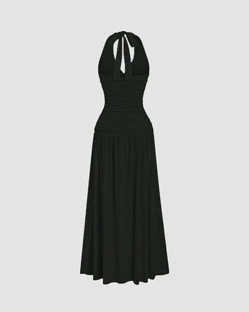 Ruched Halter Neck Backless Midi Dress in Black
