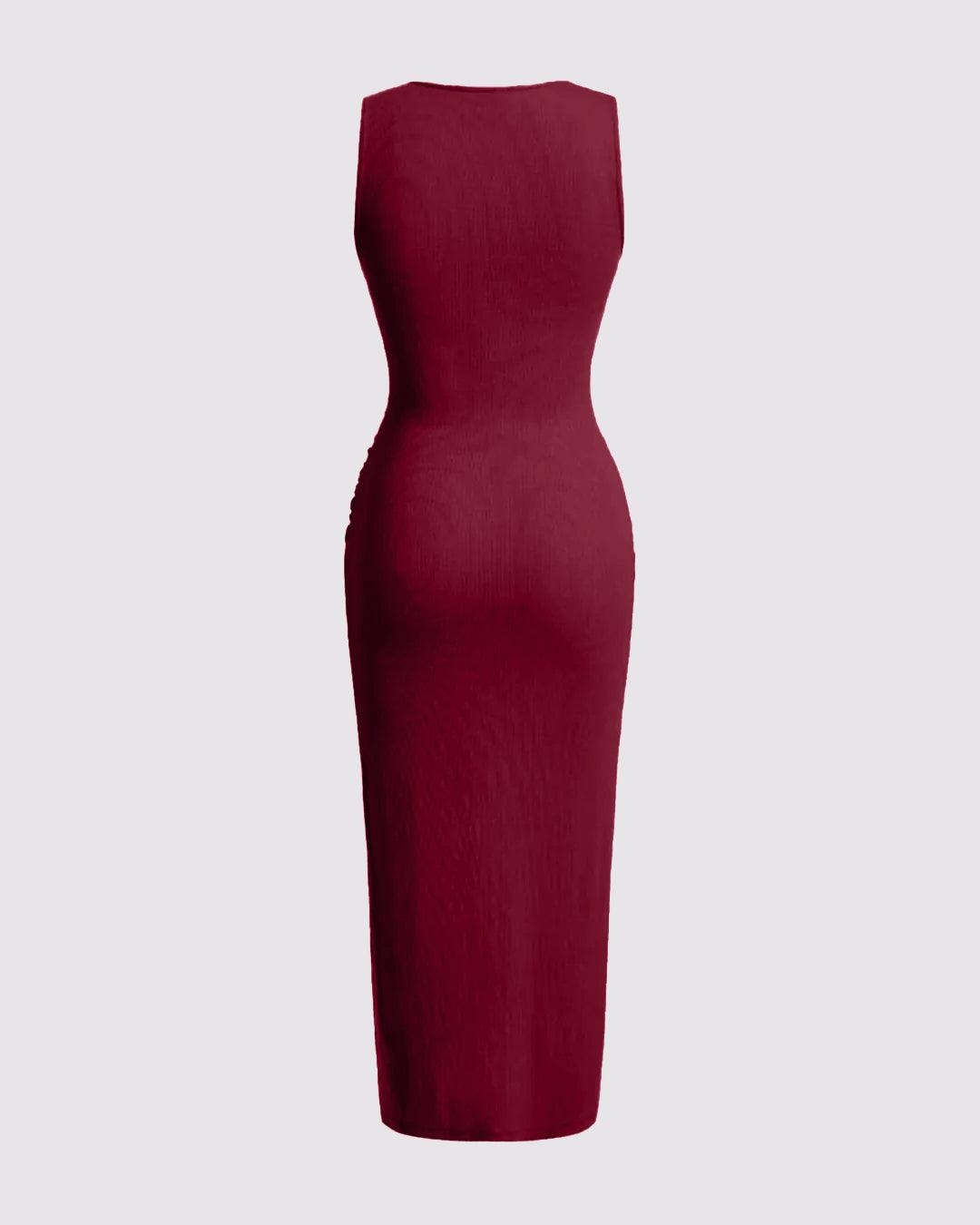 Solid Ruched Sleeveless Ribbed Knit Dress In Cherry Red