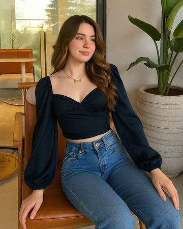 Solid Color Lantern Sleeve Top With Braided Tie Back Pleated in Navy Blue