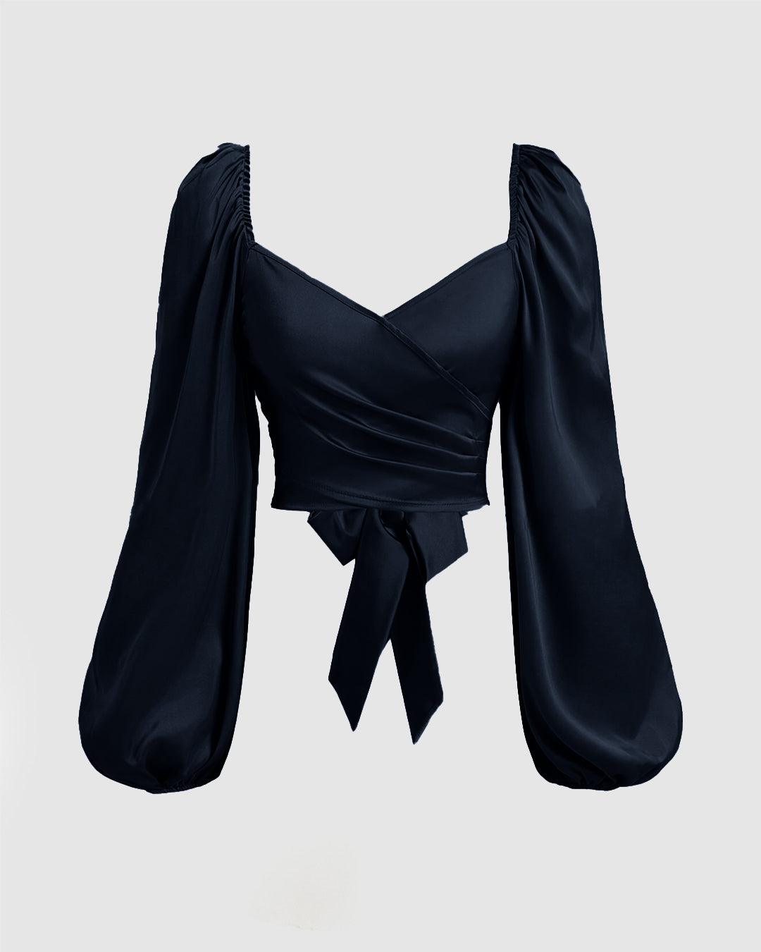 Solid Color Lantern Sleeve Top With Braided Tie Back Pleated in Navy Blue