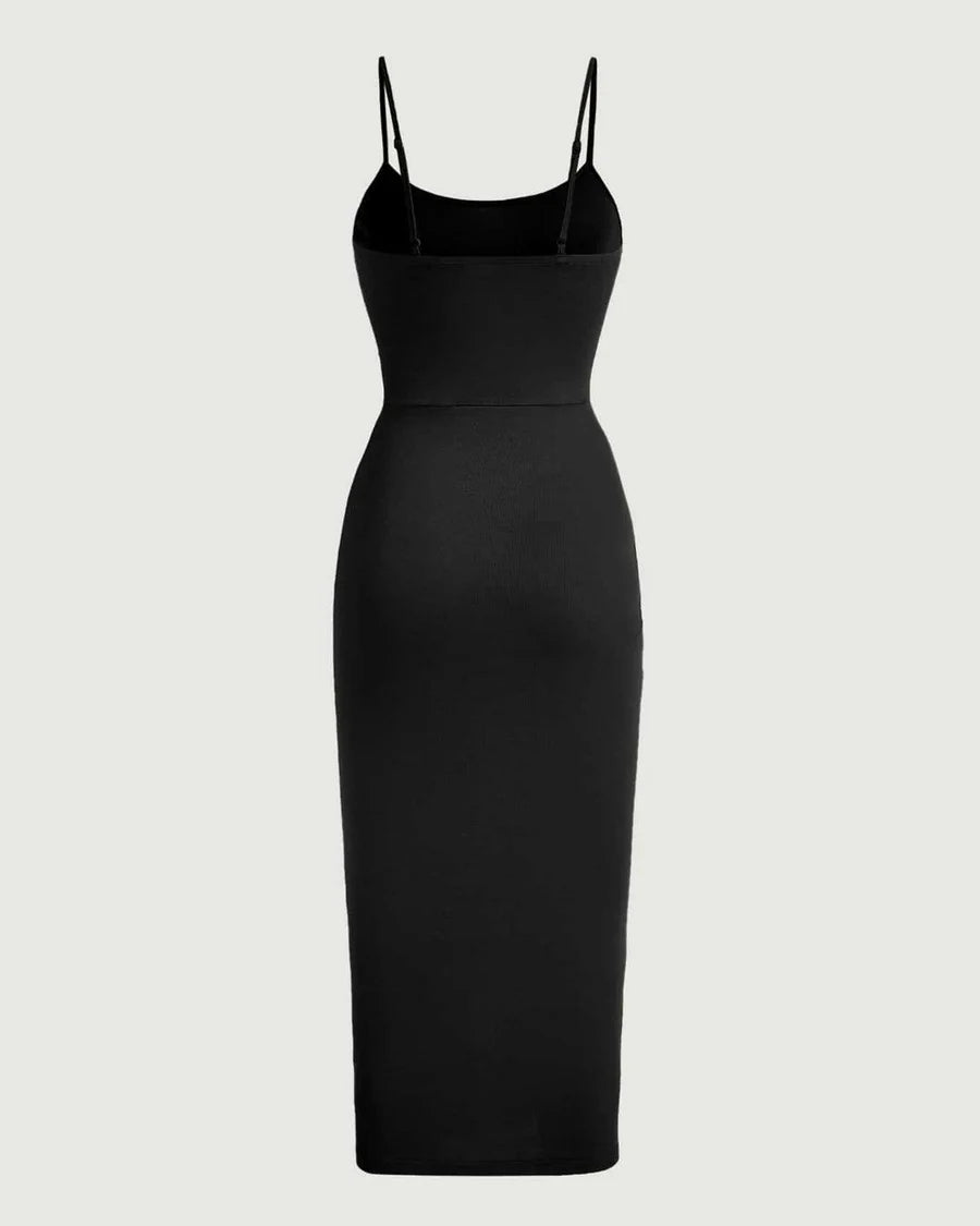 Drawstring Ruched Bodycon Midi Dress in Black