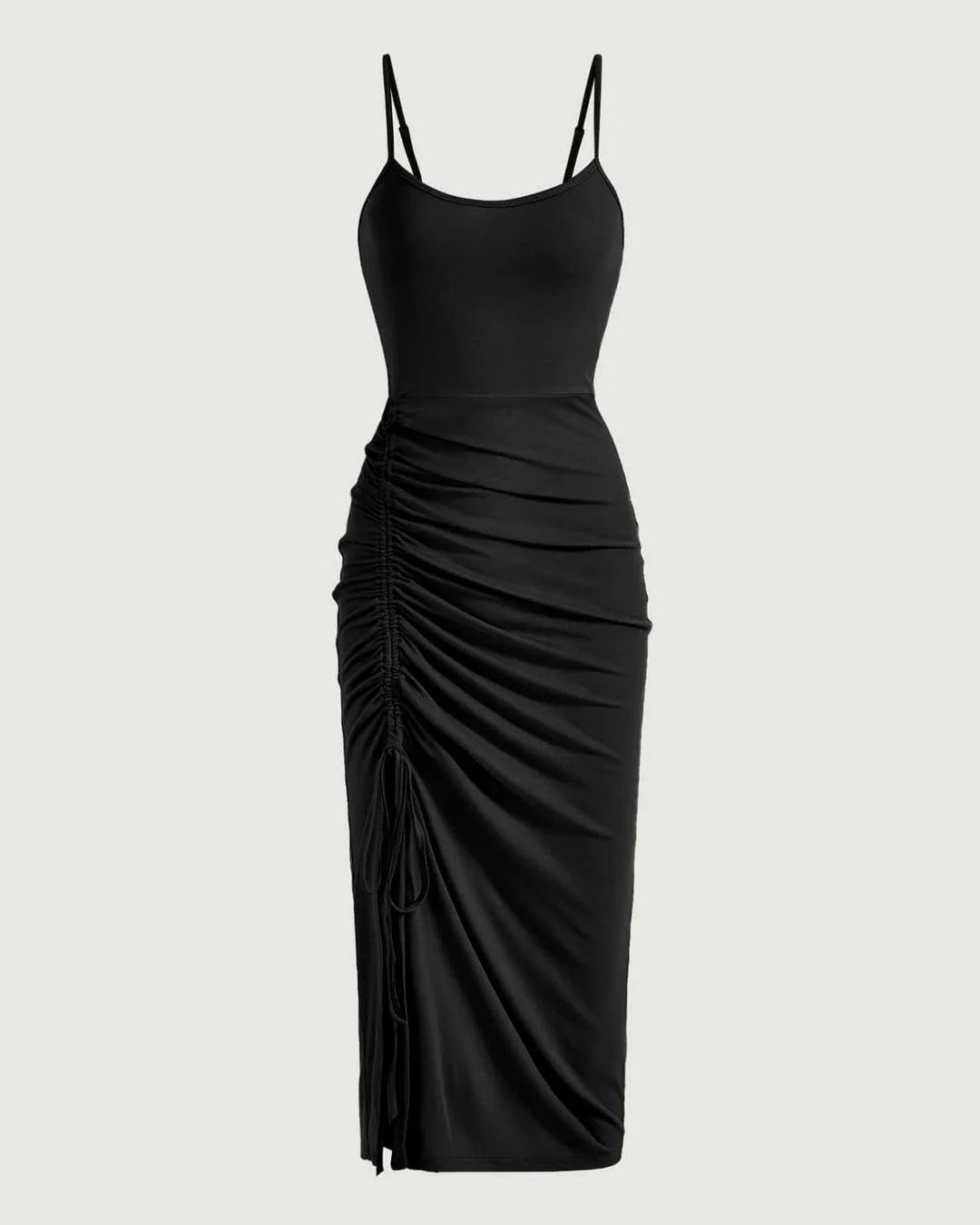 Drawstring Ruched Bodycon Midi Dress in Black