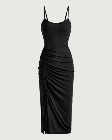 Drawstring Ruched Bodycon Midi Dress in Black