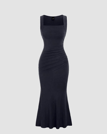 Solid Colour Square Neckline Pleated Waist & Sleeveless Dark Navy Dress