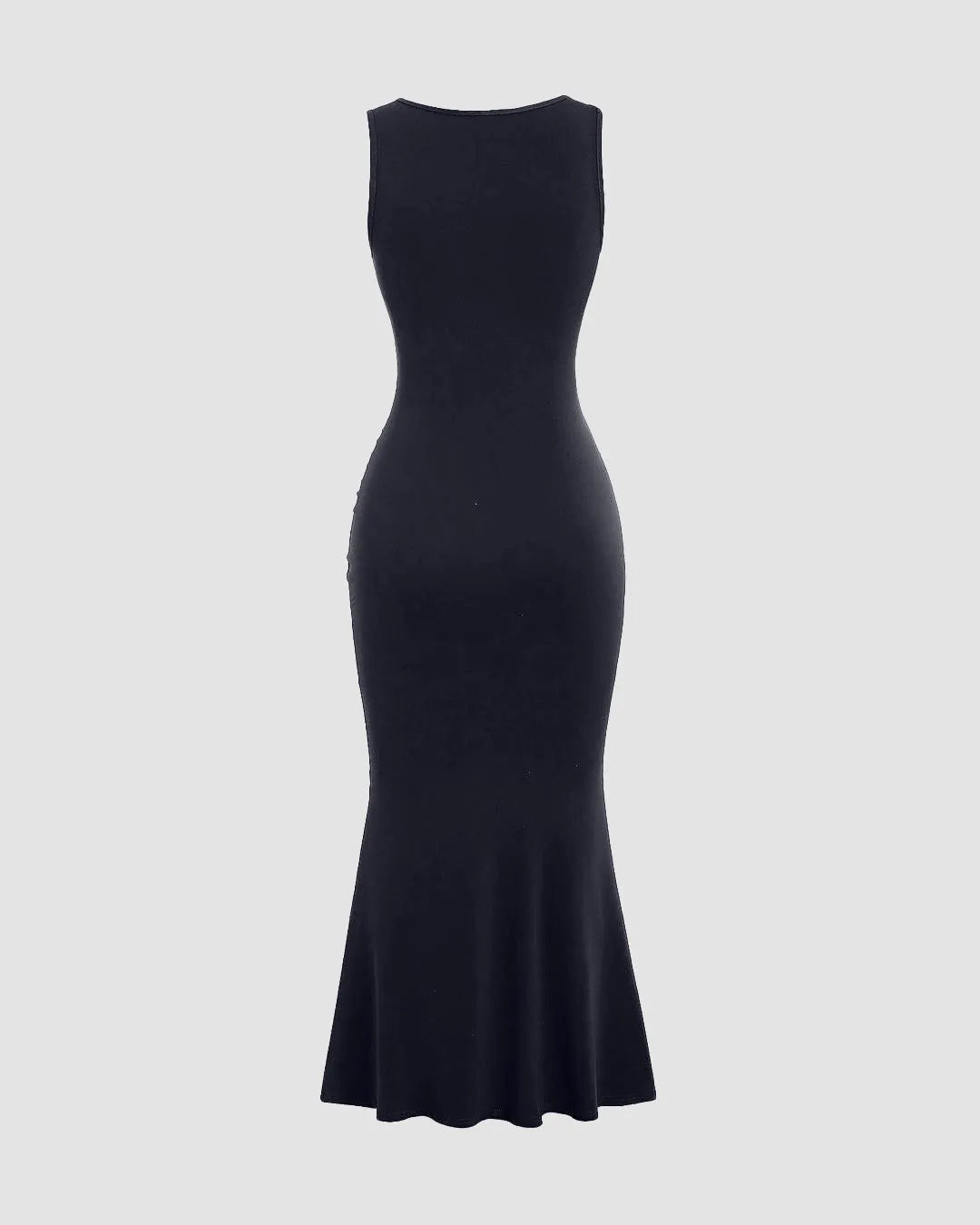 Solid Colour Square Neckline Pleated Waist & Sleeveless Dark Navy Dress