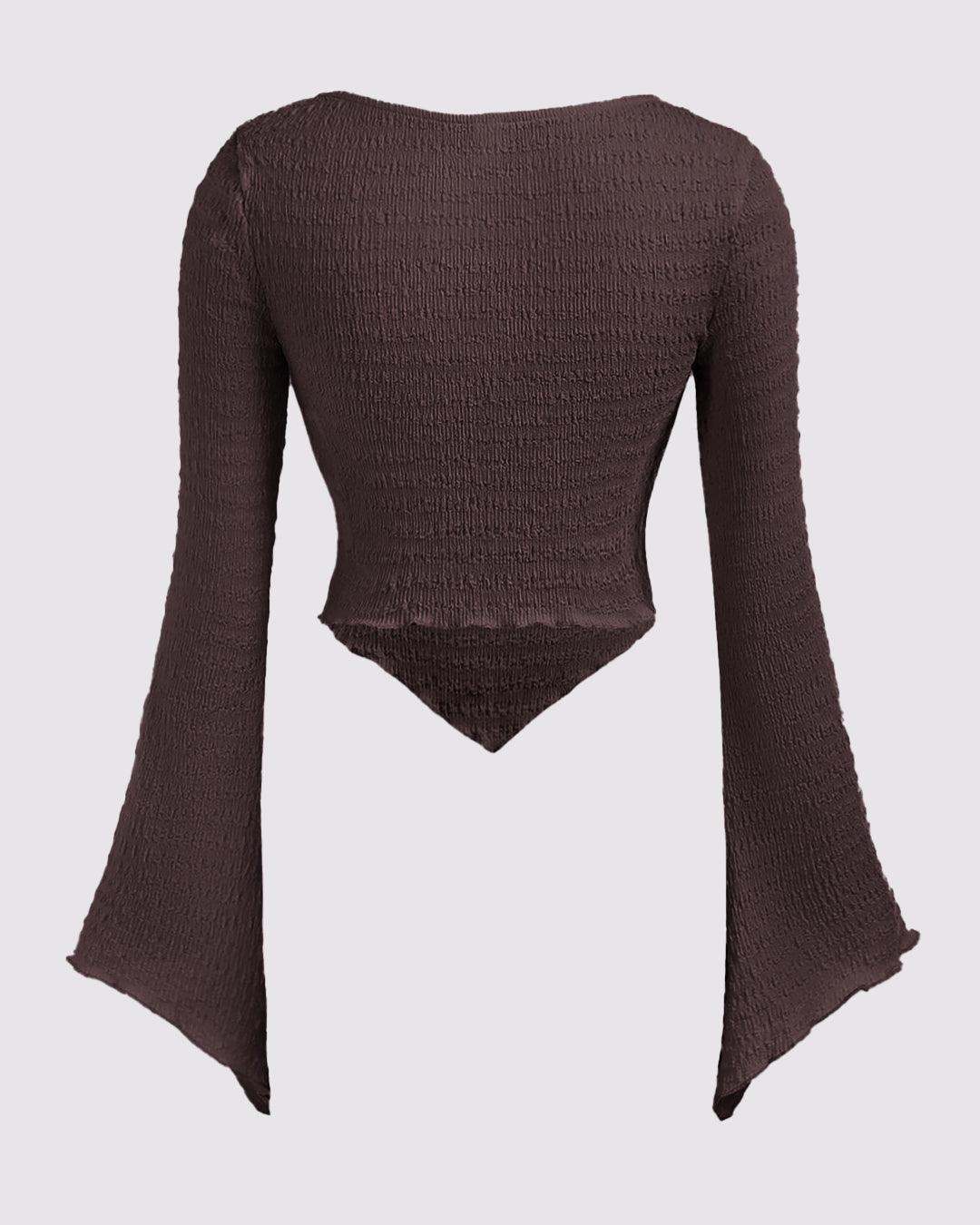 Solid Color Textured Heart Neck Flare Sleeve Casual Long Sleeve Top In Brown