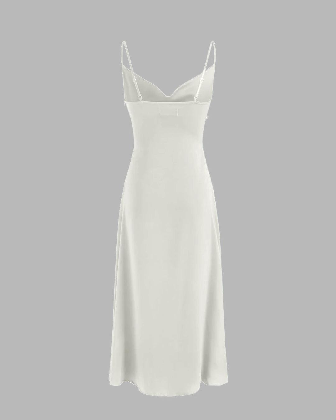 Solid Cowl Neck Slit Midi Dress in Off-White