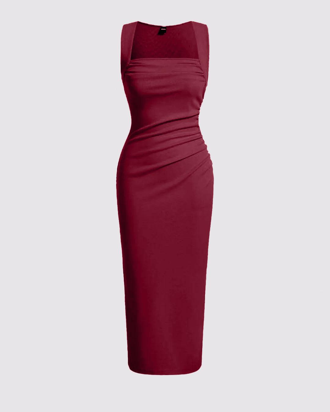 Solid Ruched Sleeveless Ribbed Knit Dress In Cherry Red