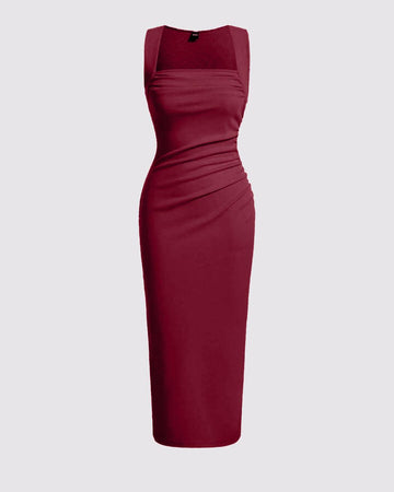 Solid Ruched Sleeveless Ribbed Knit Dress In Cherry Red