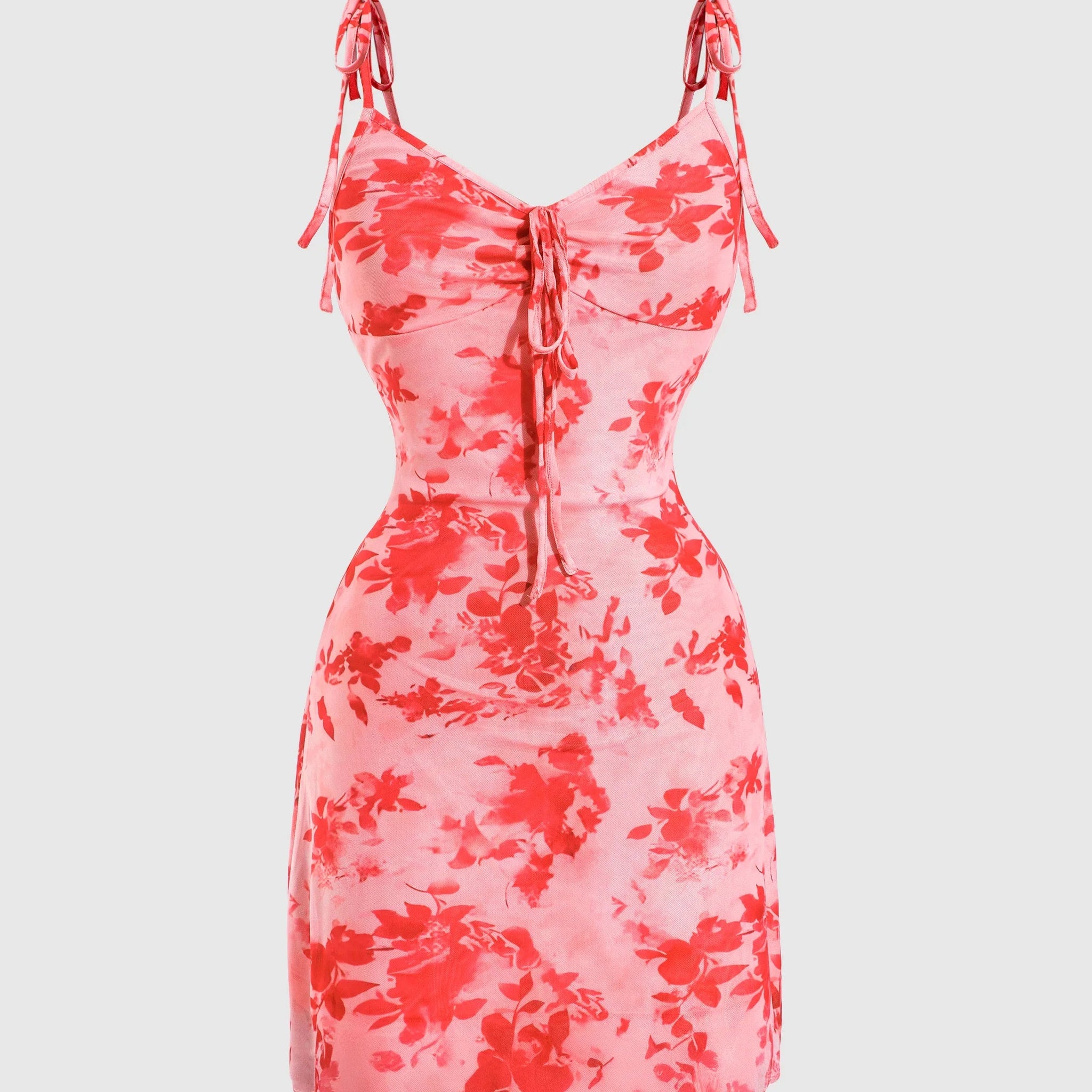 Pink Floral Spaghetti Strap Ruched Mesh Mini Dress