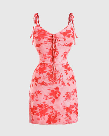 Pink Floral Spaghetti Strap Ruched Mesh Mini Dress