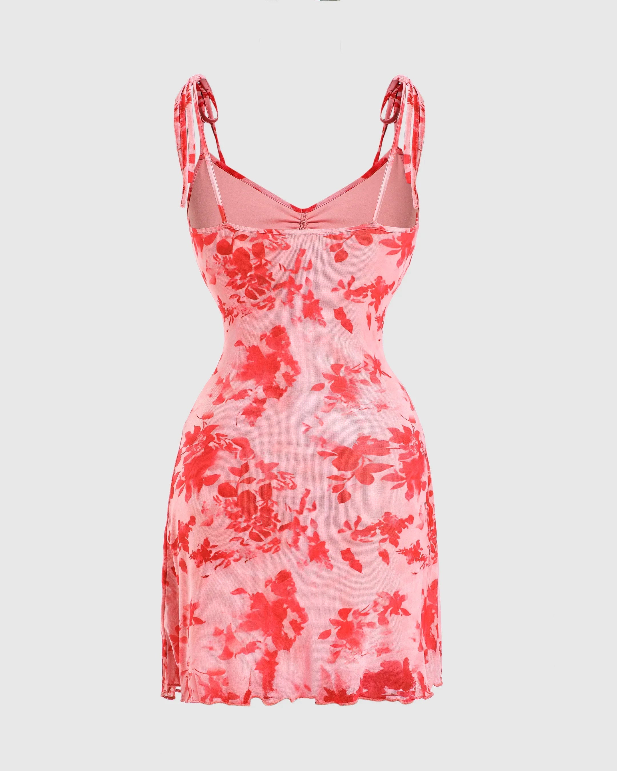 Pink Floral Spaghetti Strap Ruched Mesh Mini Dress
