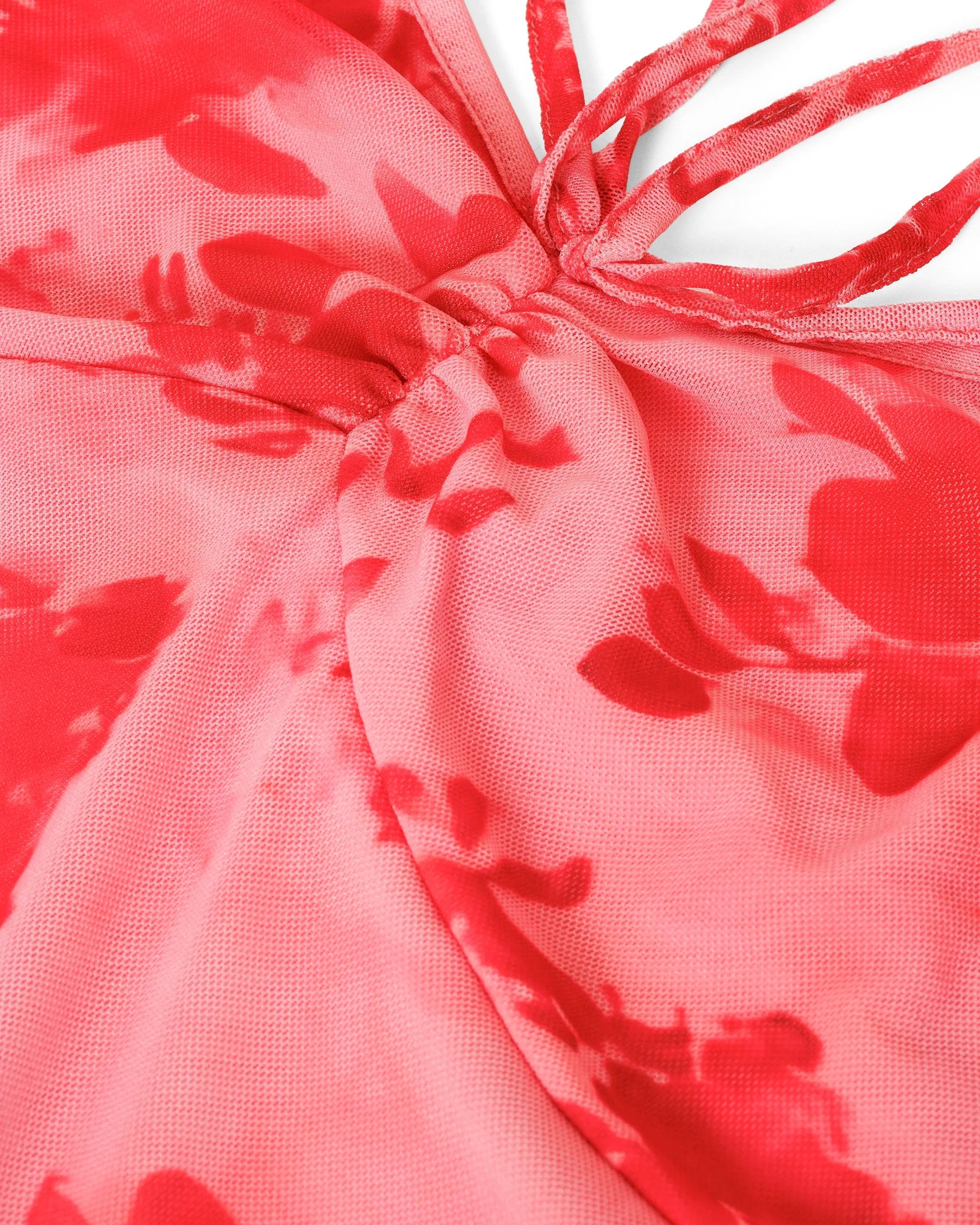 Pink Floral Spaghetti Strap Ruched Mesh Mini Dress