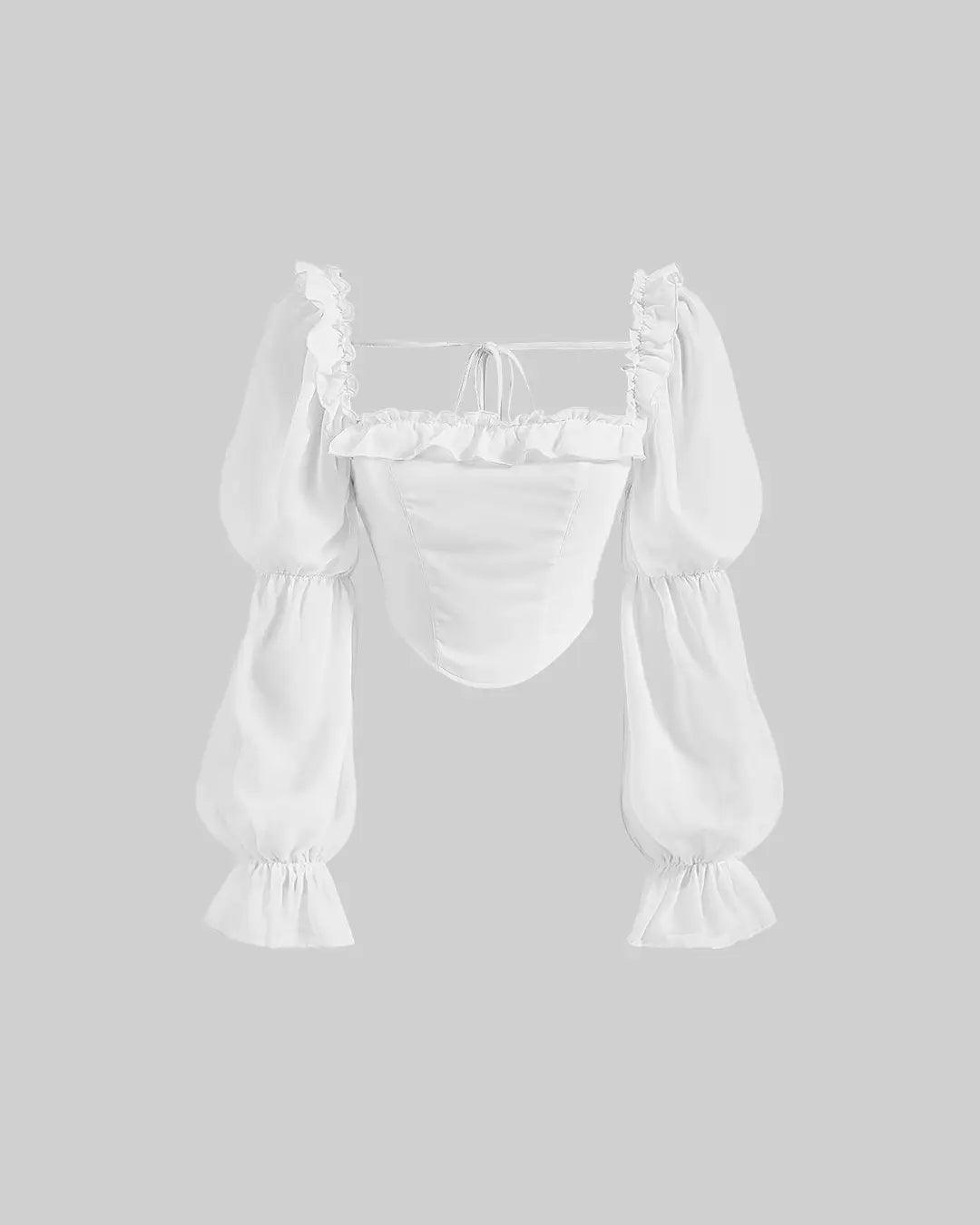 Square Neck Ruffle Trim Long Sleeve Top In White