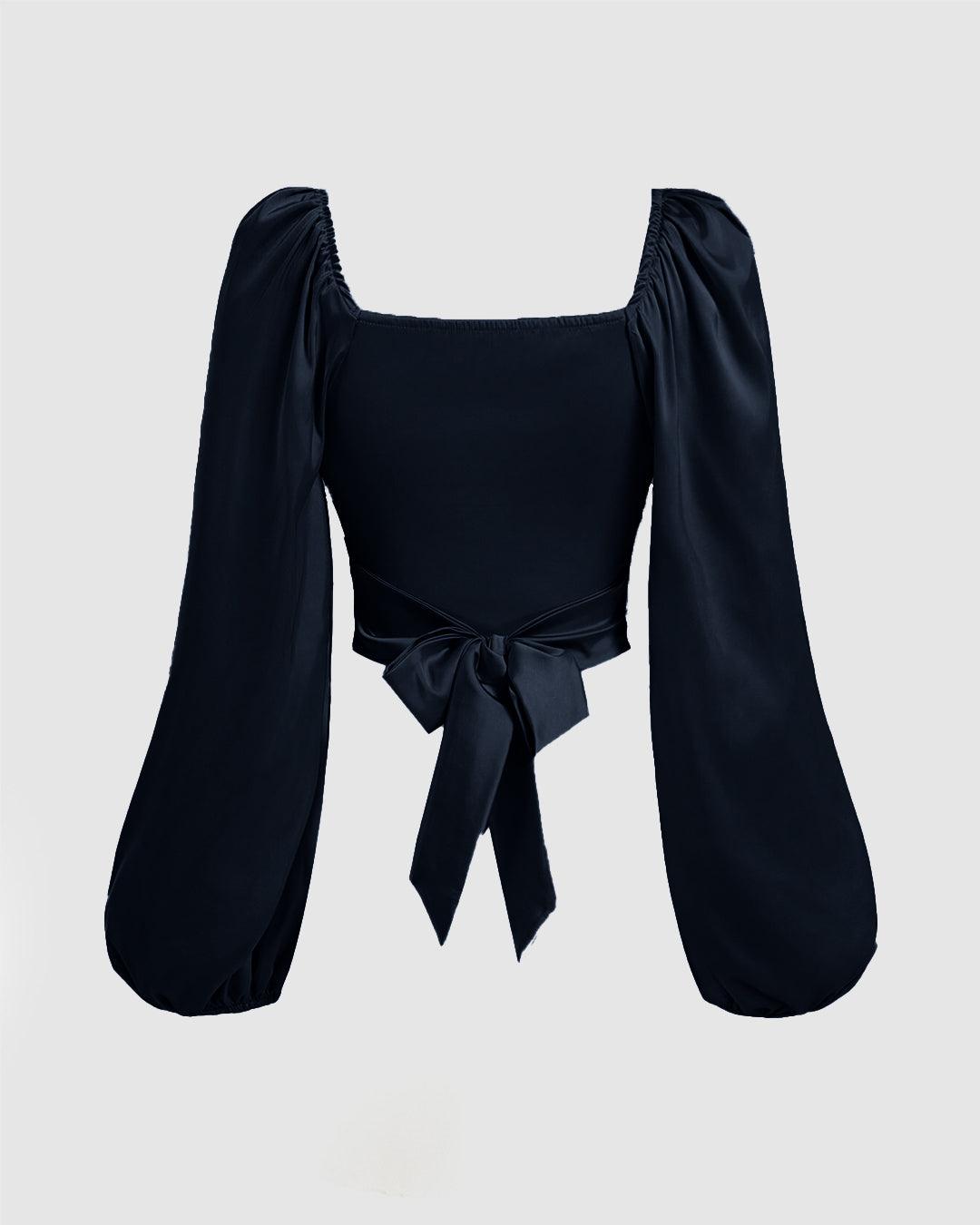 Solid Color Lantern Sleeve Top With Braided Tie Back Pleated in Navy Blue