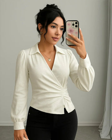 White Ruched Waist Full Sleeve Top