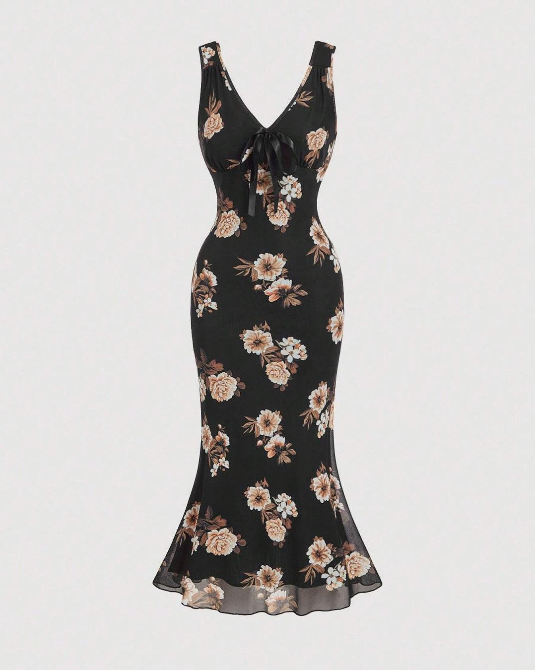Black Floral V-Neck Bow-Tie Midi Dress