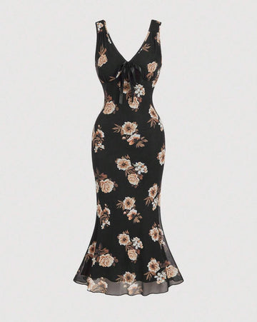 Black Floral V-Neck Bow-Tie Midi Dress