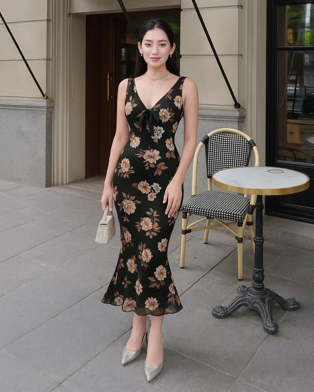 Black Floral V-Neck Bow-Tie Midi Dress