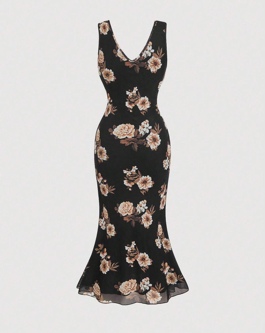 Black Floral V-Neck Bow-Tie Midi Dress