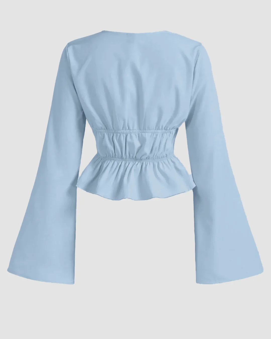 Tie Front Long Sleeve Ruffle Hem Top in Light Blue