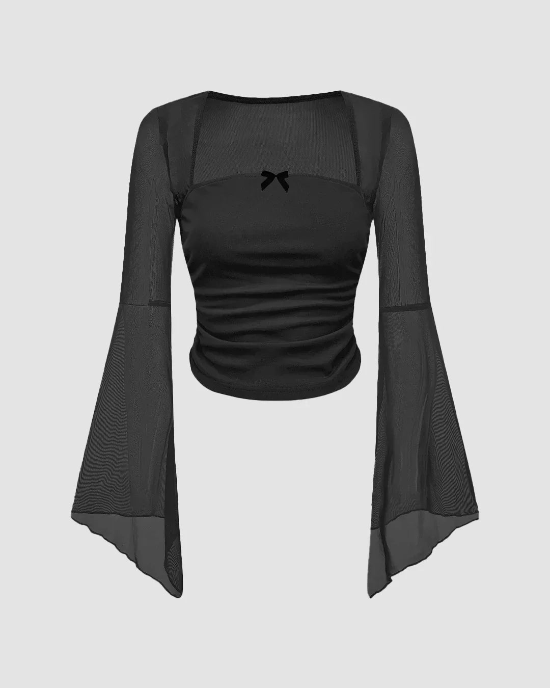 Square Neck Bow Decorated Long Sleeve Black Top