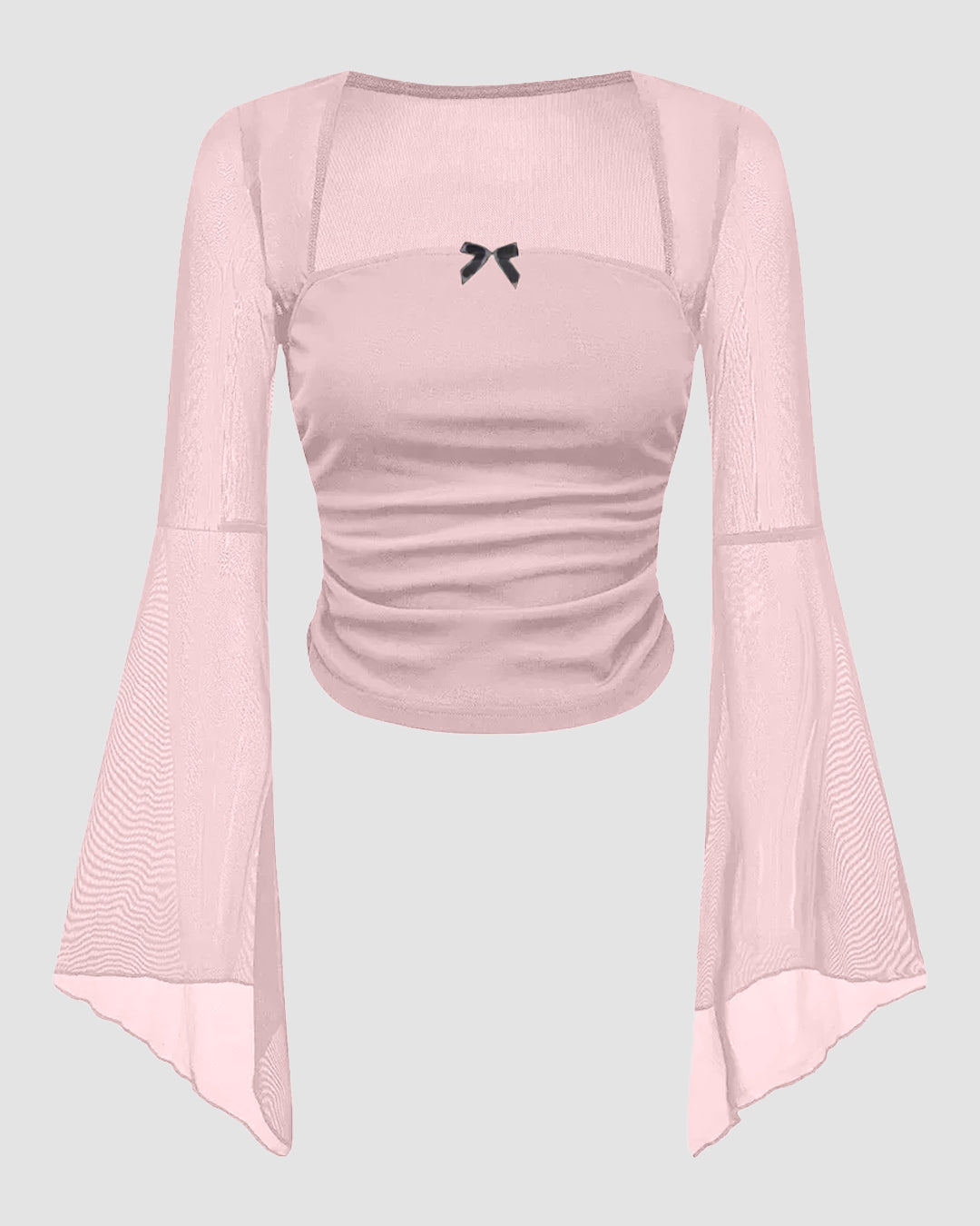 Square Neck Bow Decorated Long Sleeve Light Pink Top