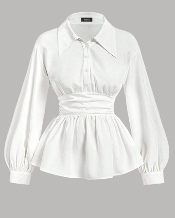 White Ruched Waist Full Sleeve Top