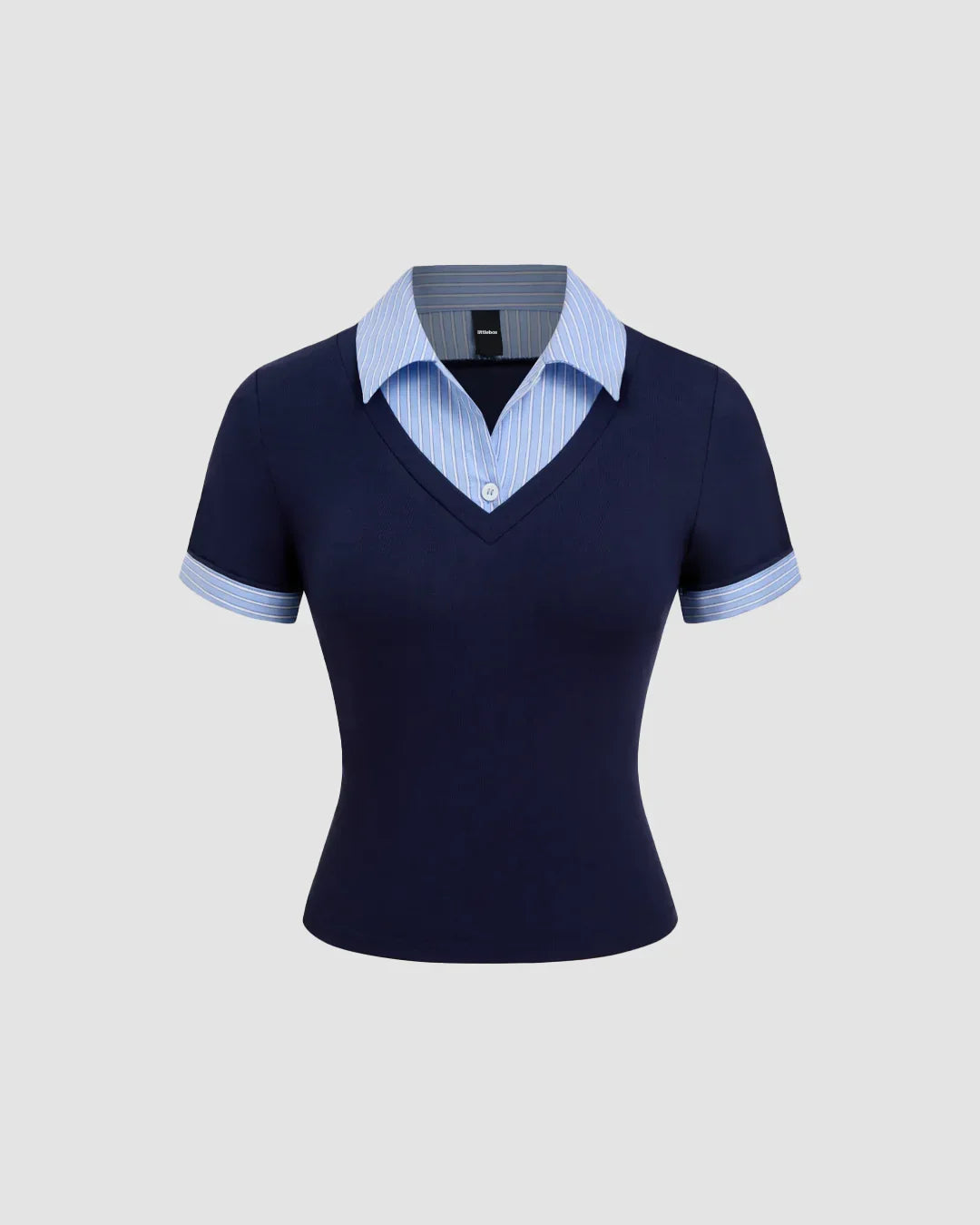 Contrast Collar V-Neck Knit Fitted Top in Navy Blue