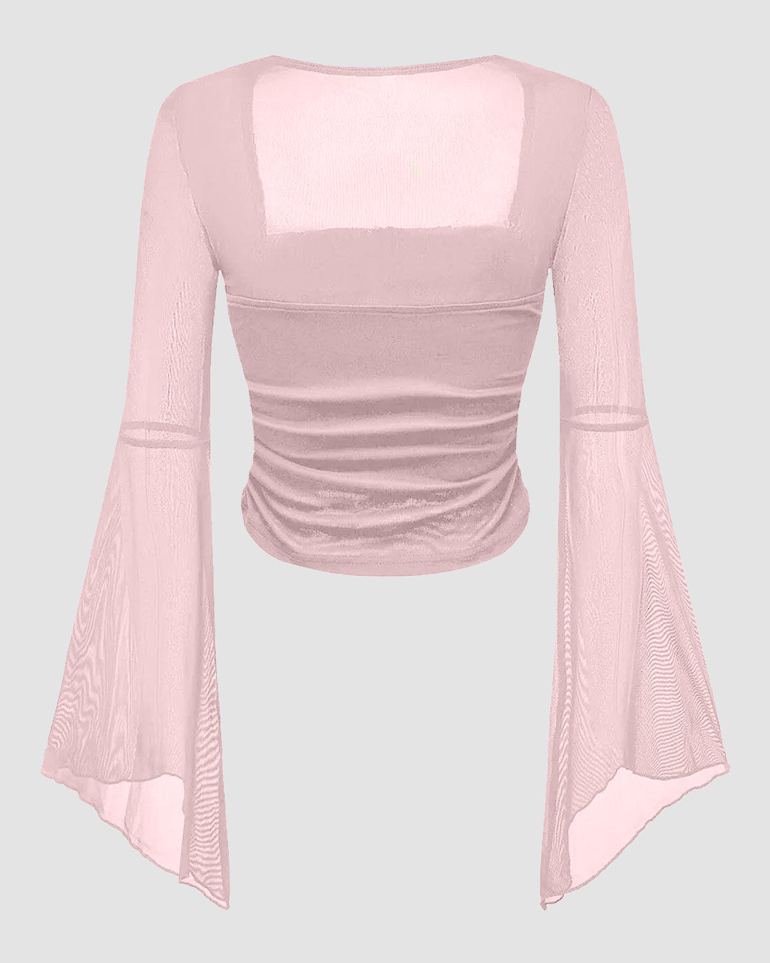 Square Neck Bow Decorated Long Sleeve Light Pink Top