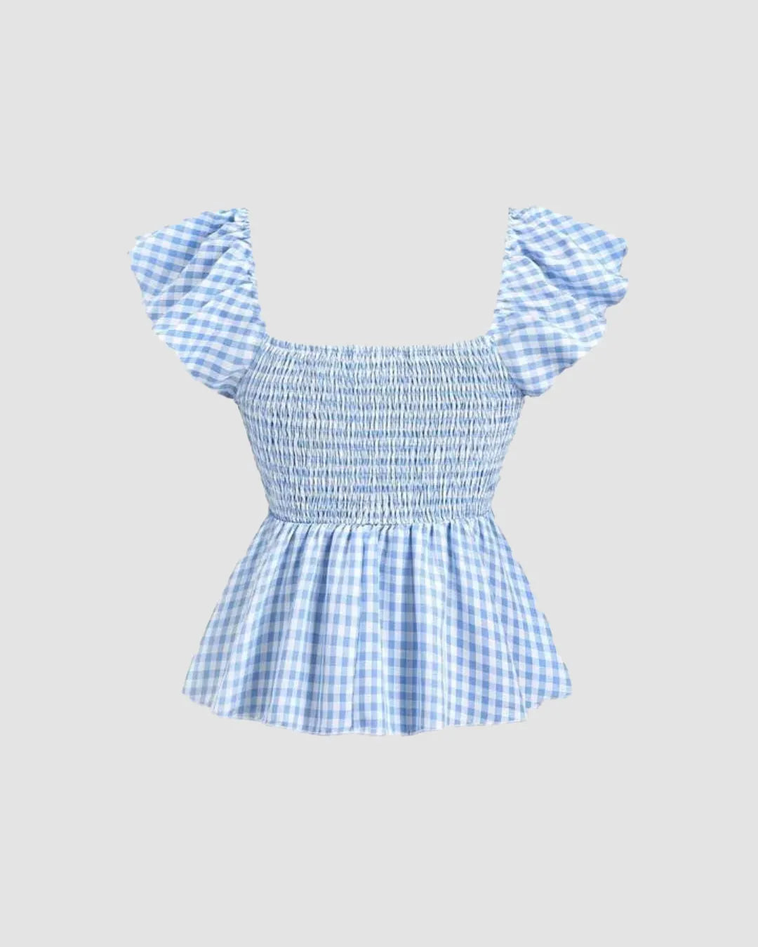 Blue Gingham Ruffle Sleeve Peplum Top with Front Tie