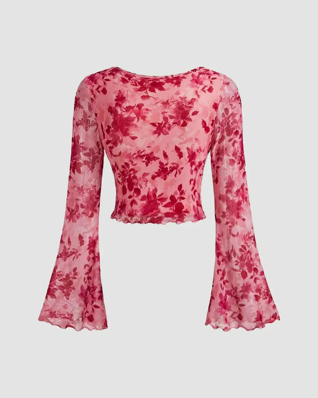 Floral Print Tie Front Bell Sleeve Mesh Crop Top