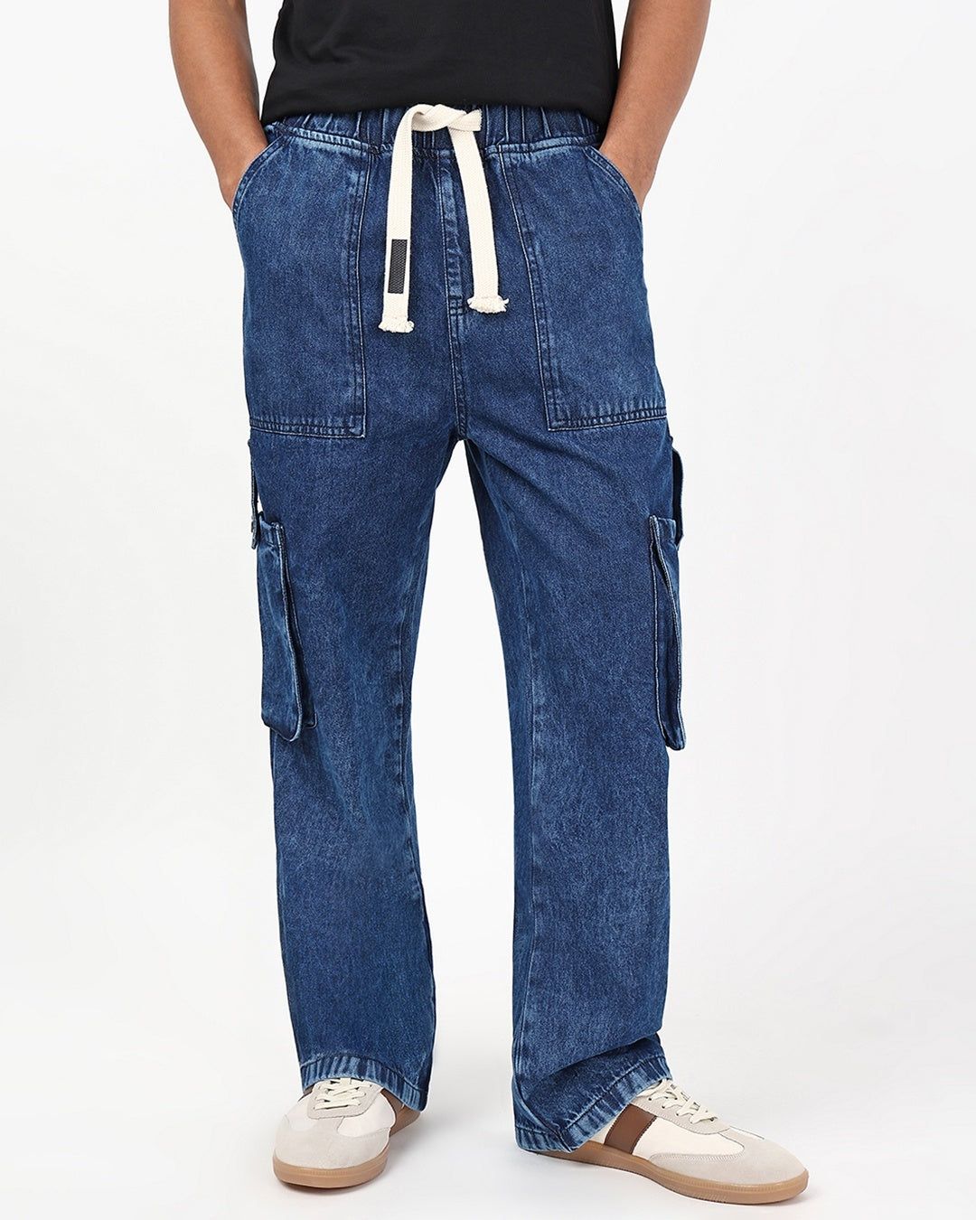 Men's Blue Washed Straight Fit Cargo Mid-Rise Jeans
