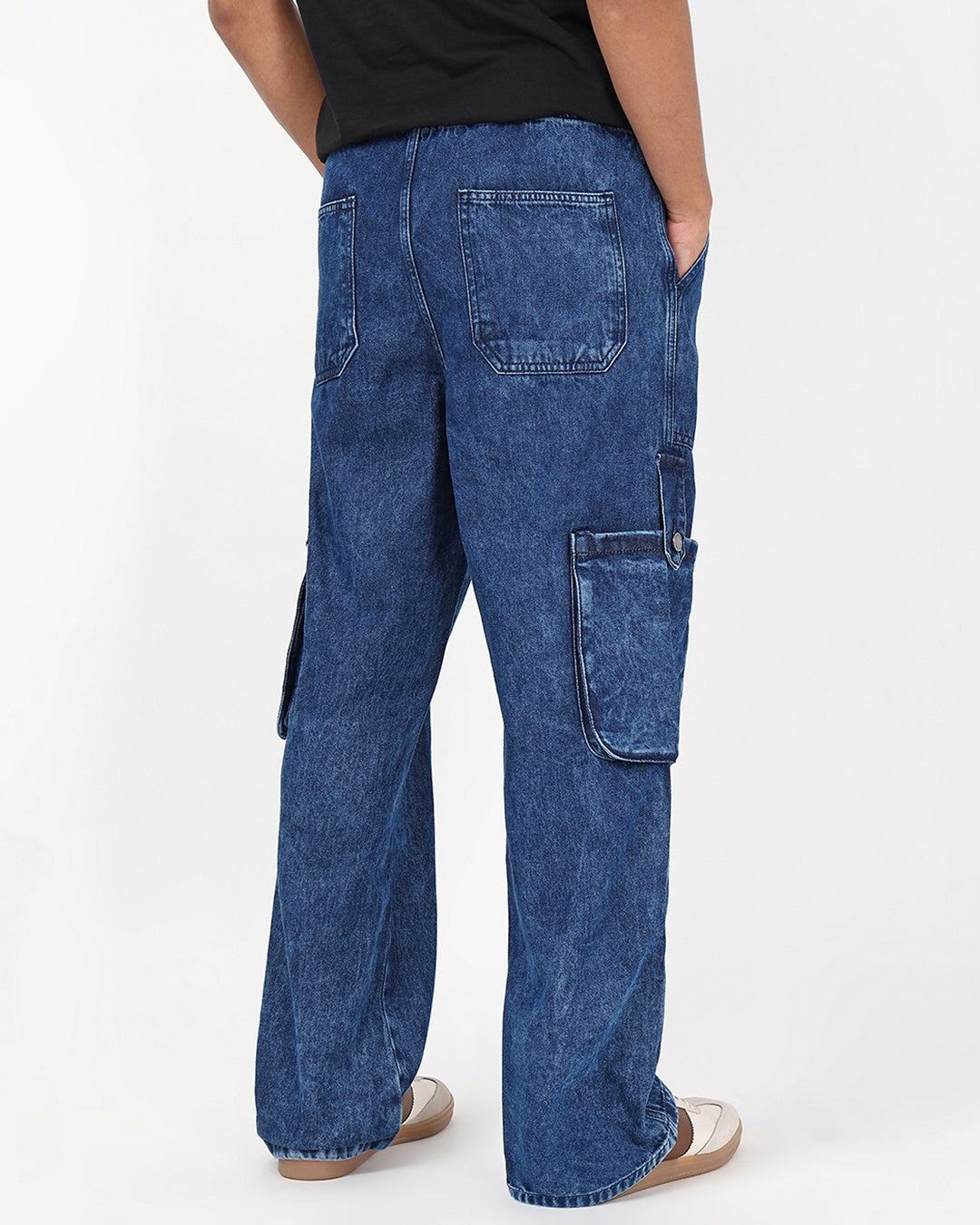 Men's Blue Washed Straight Fit Cargo Mid-Rise Jeans