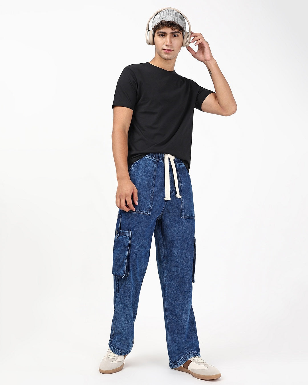 Men's Blue Washed Straight Fit Cargo Mid-Rise Jeans