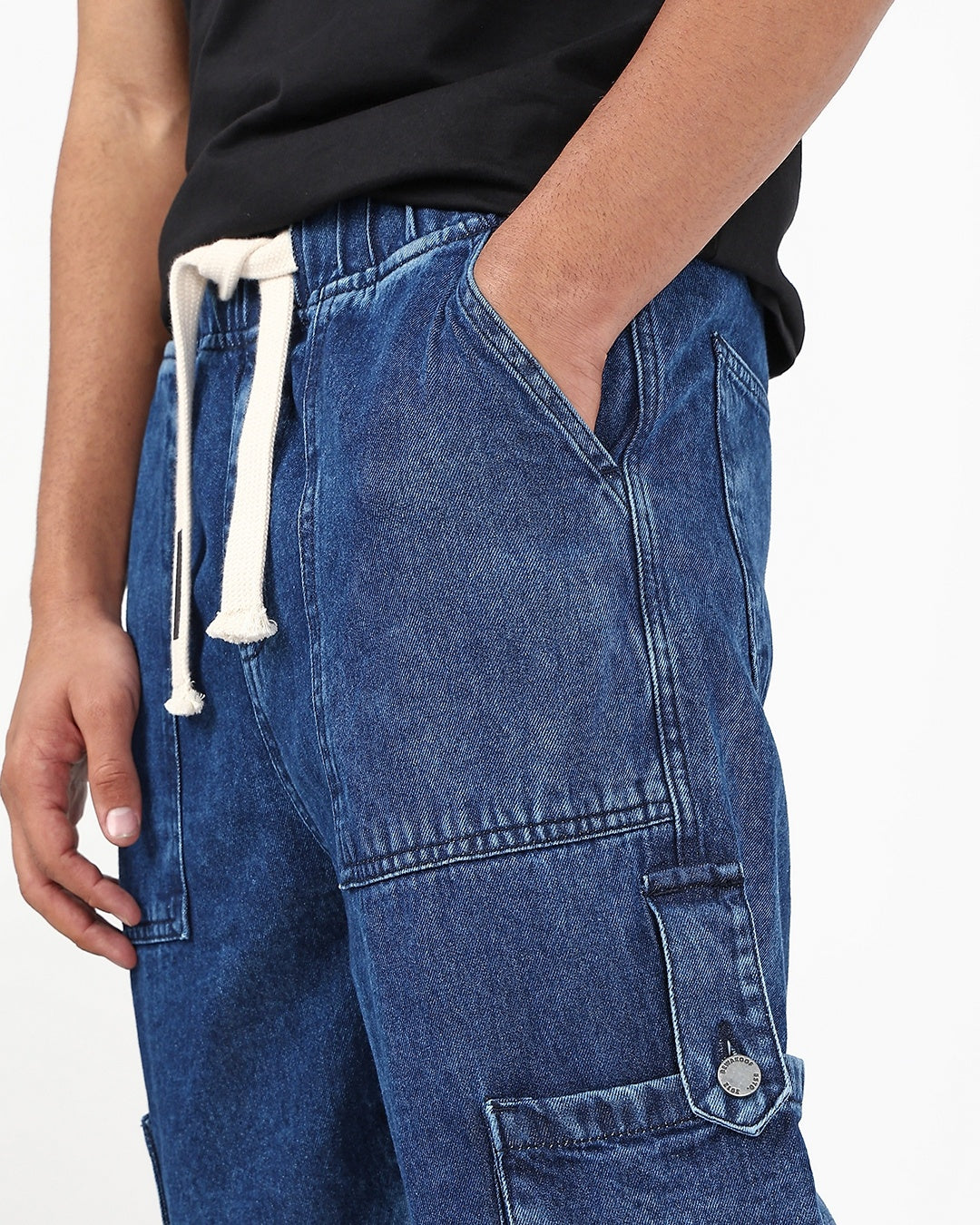 Men's Blue Washed Straight Fit Cargo Mid-Rise Jeans