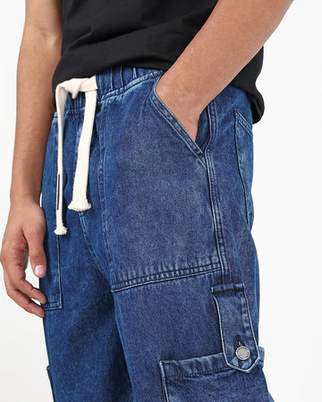 Men's Blue Washed Straight Fit Cargo Mid-Rise Jeans