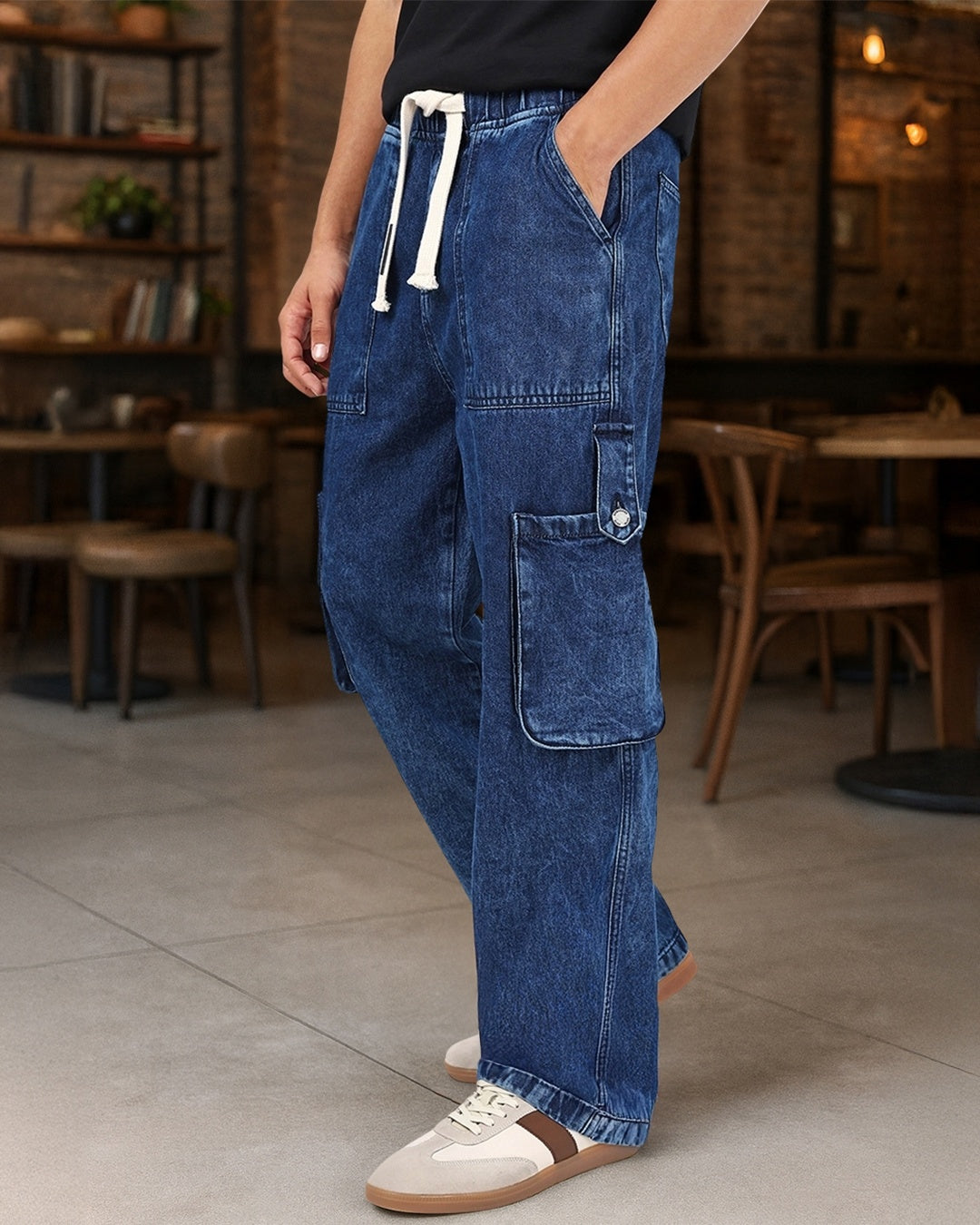 Men's Blue Washed Straight Fit Cargo Mid-Rise Jeans