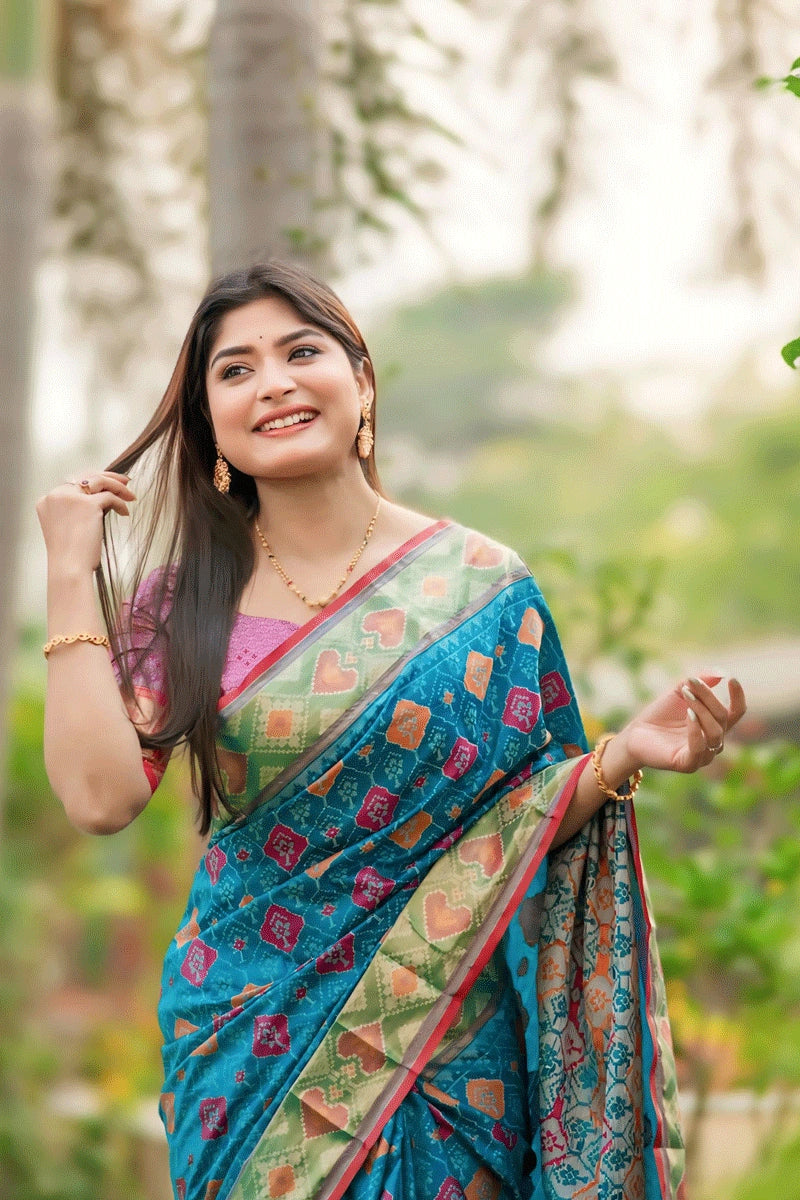 Banarasi Silk Patola Sky Blue Saree For Wedding