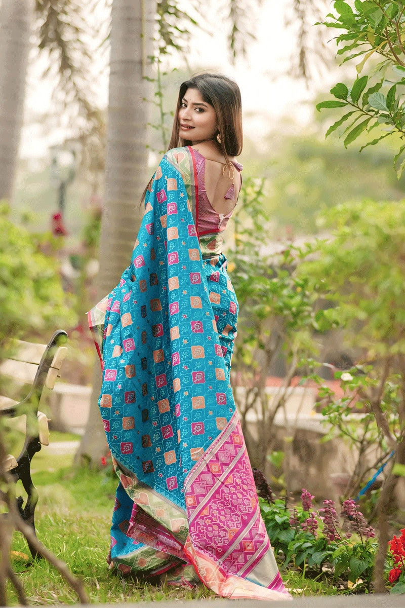 Banarasi Silk Patola Sky Blue Saree For Wedding