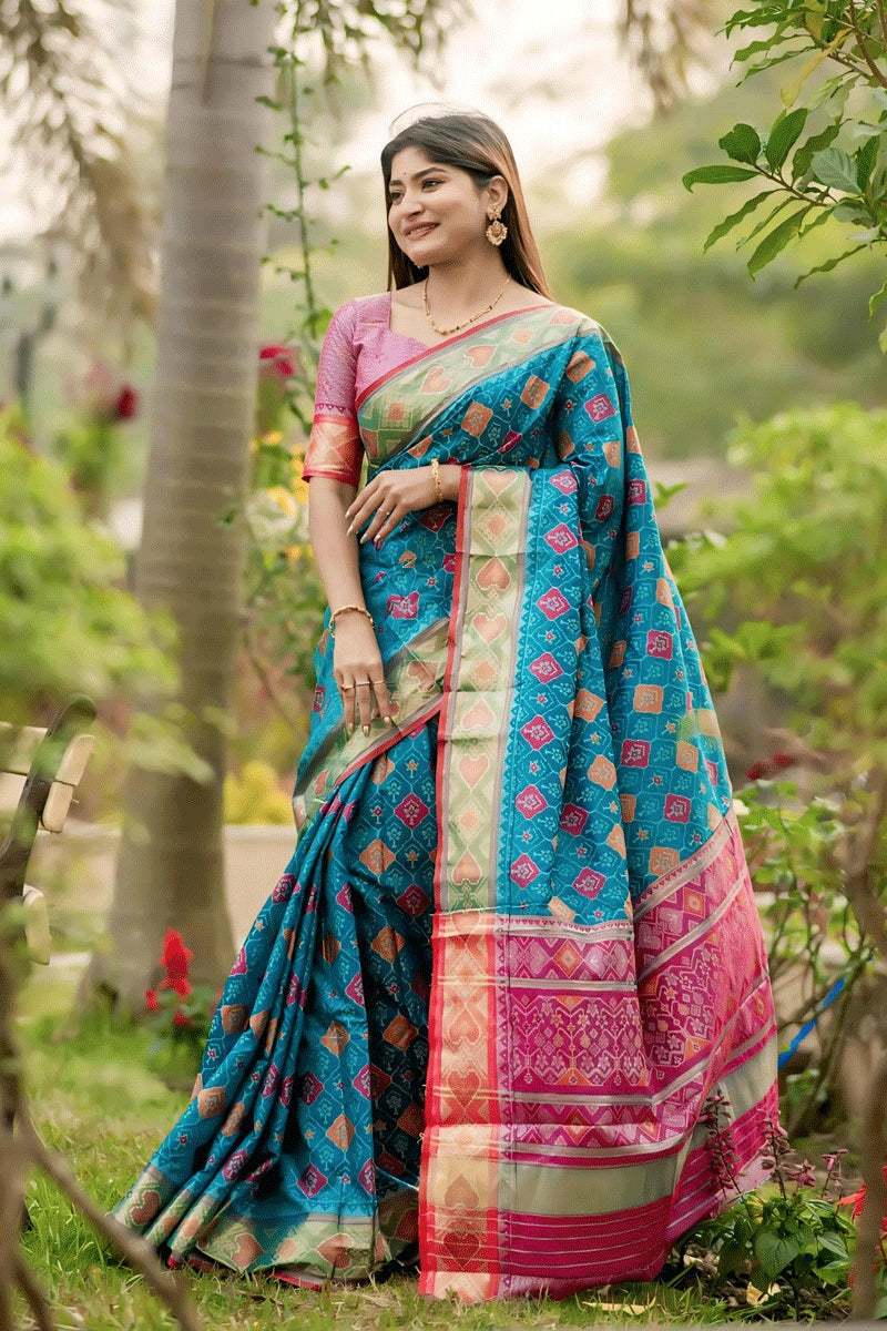 Banarasi Silk Patola Sky Blue Saree For Wedding