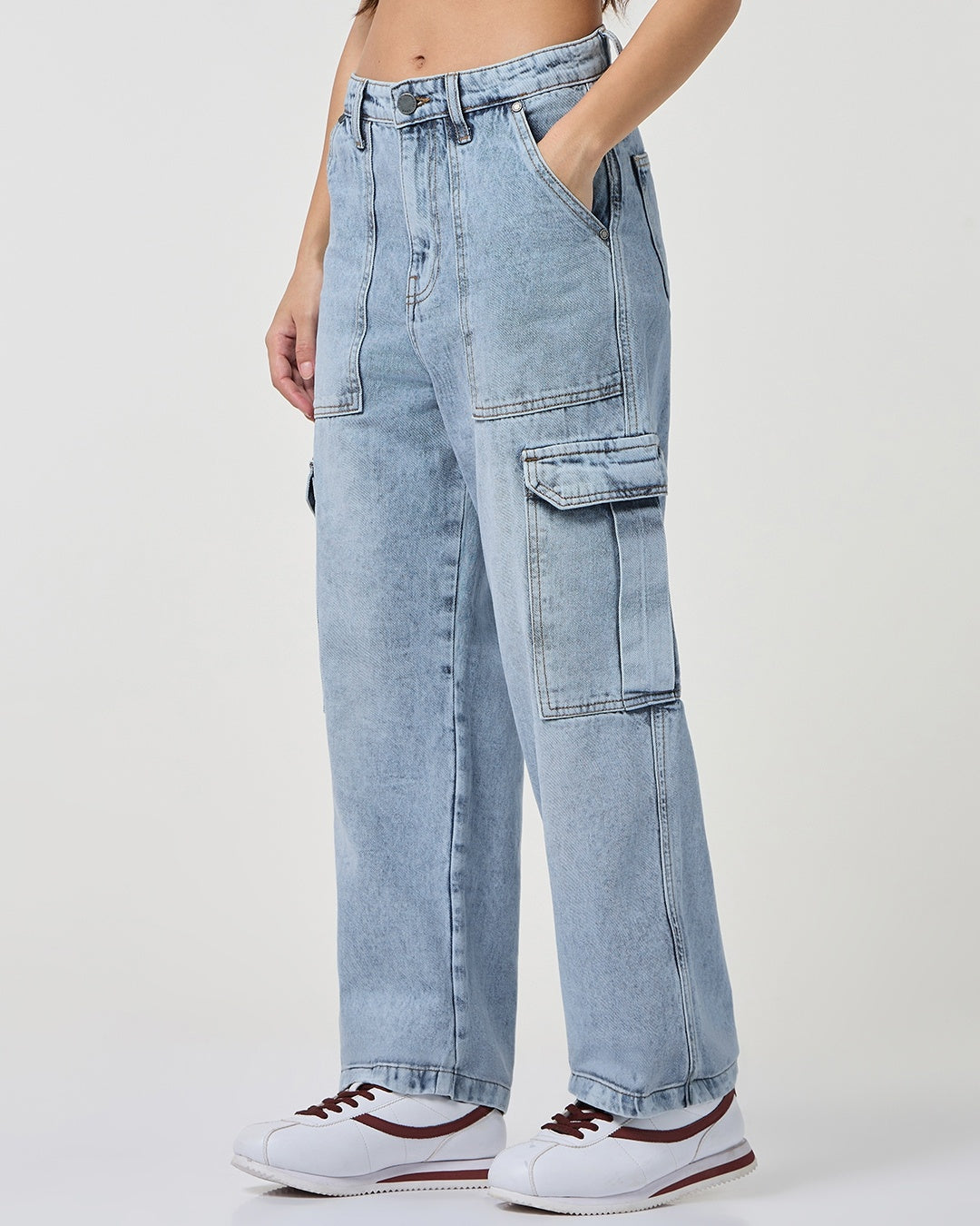 Women Light Blue Washed Straight Fit Cargo Jeans