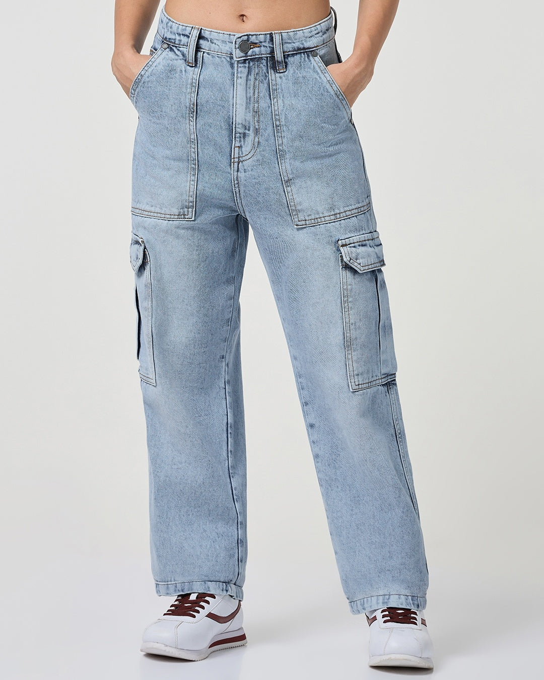 Women Light Blue Washed Straight Fit Cargo Jeans