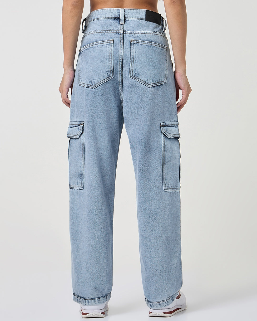 Women Light Blue Washed Straight Fit Cargo Jeans