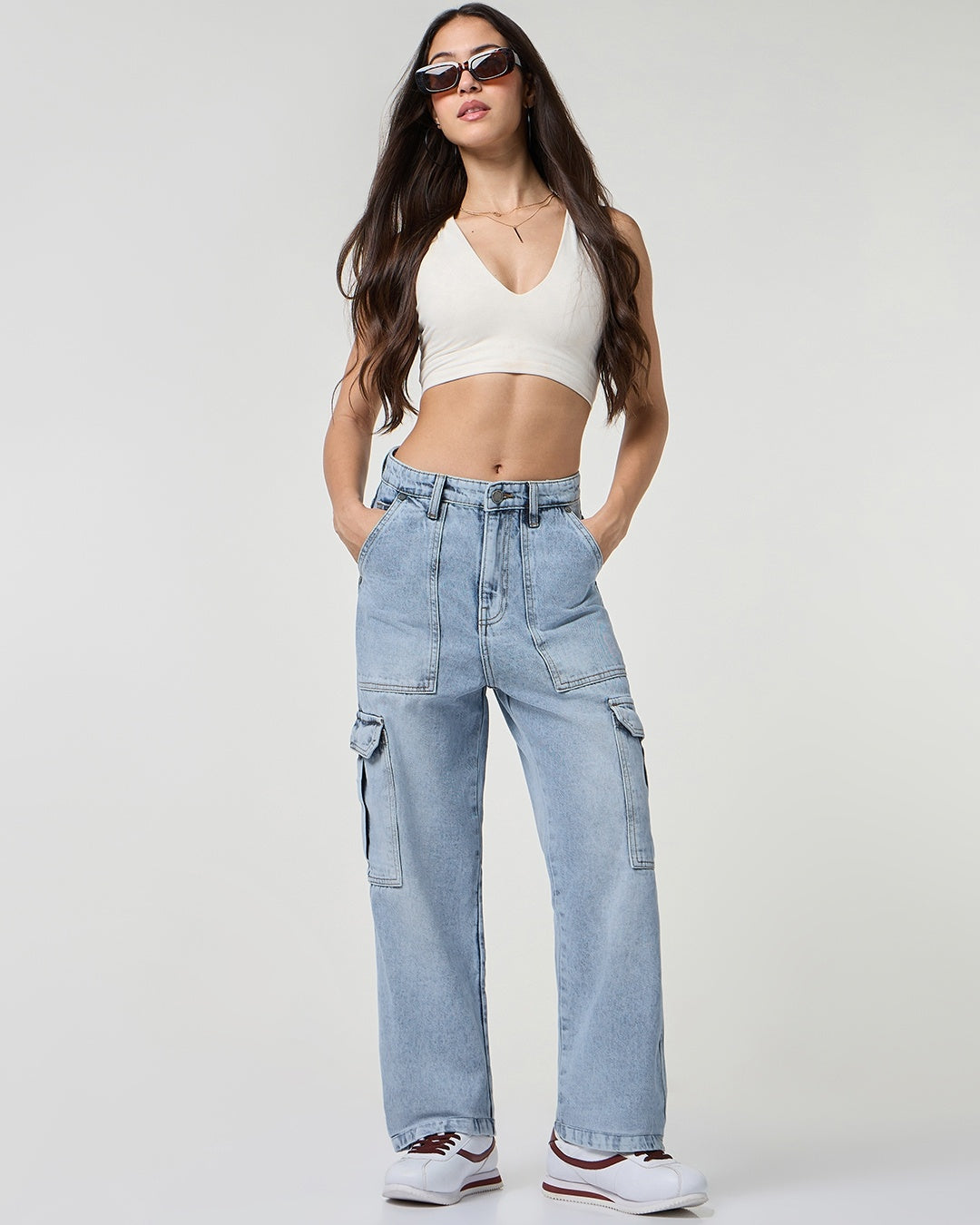 Women Light Blue Washed Straight Fit Cargo Jeans