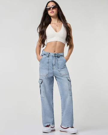 Women Light Blue Washed Straight Fit Cargo Jeans