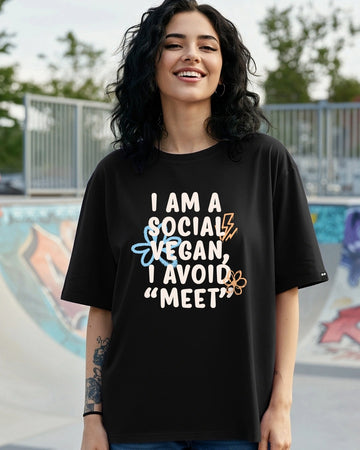 Women's Jet Black Vegan Typography Oversized T-shirt